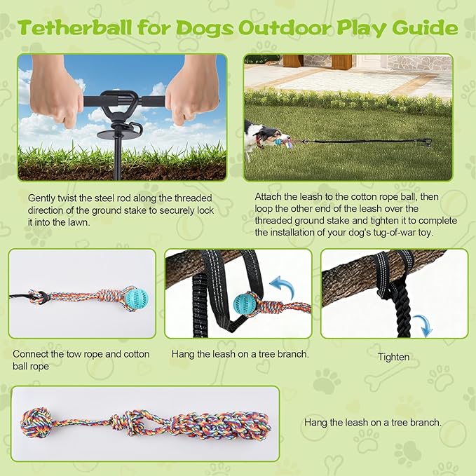 Tether Tug Outdoor Dog Toy with Upgraded Steel Stake & Adjustable Safety Rope, Includes 3 Chew Toys , Durable Interactive Tug of War Bungee Rope Toy for Large, Medium & Small Dogs on Lawns or Trees