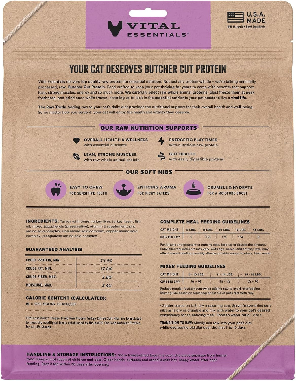 Vital Essentials Freeze-Dried Raw Turkey Meal or Mixer Cat Food Soft Nibs | 99% Turkey, Organs & Bone | 12 oz