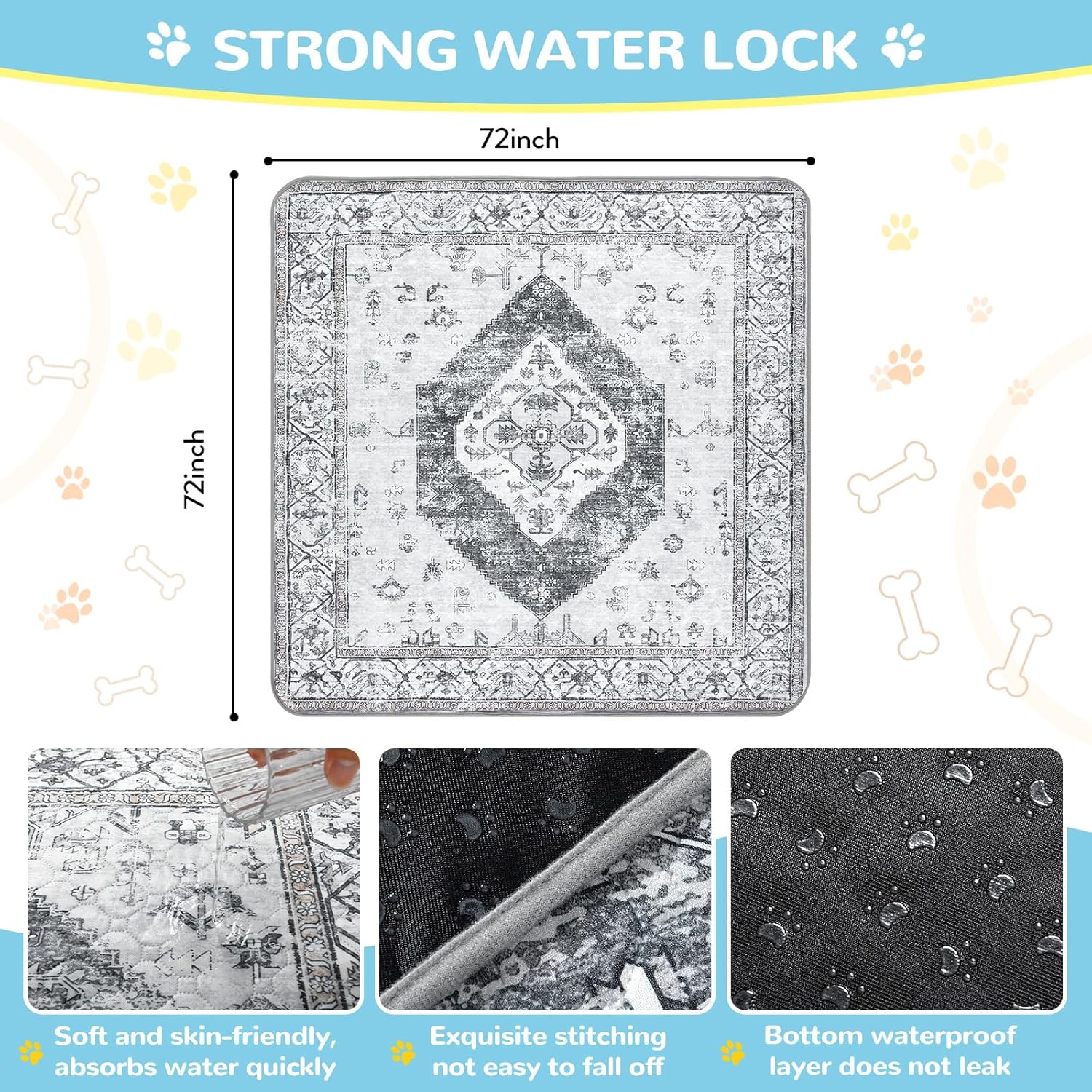 Lahome Extra-Large Washable Dog Pee Pads (72"x72") - Super Absorbent & Waterproof - Leakproof Reusable Mat for Playpens, Beds & Whelping, Convenient Cleanup,Gray