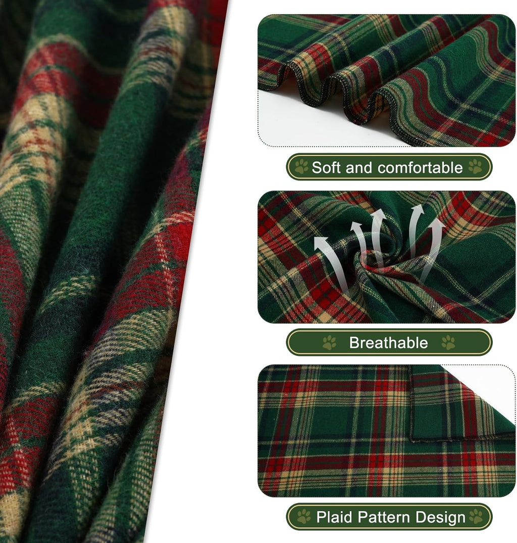 E-Clover Dog Bandana & Matching Scrunchie - Green Red Plaid Pet Scarf, Cute Costumes Accessories for Small Medium Large Dogs