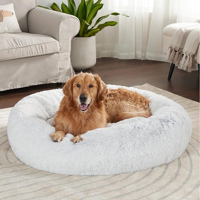 Bedsure Calming Dog Bed for Extra Large Dogs - Donut Washable Large Pet Bed, 45 inches Anti-Slip Round Fluffy Plush Faux Fur Dog Bed, Fits up to 120 lbs Pets, Frost Grey