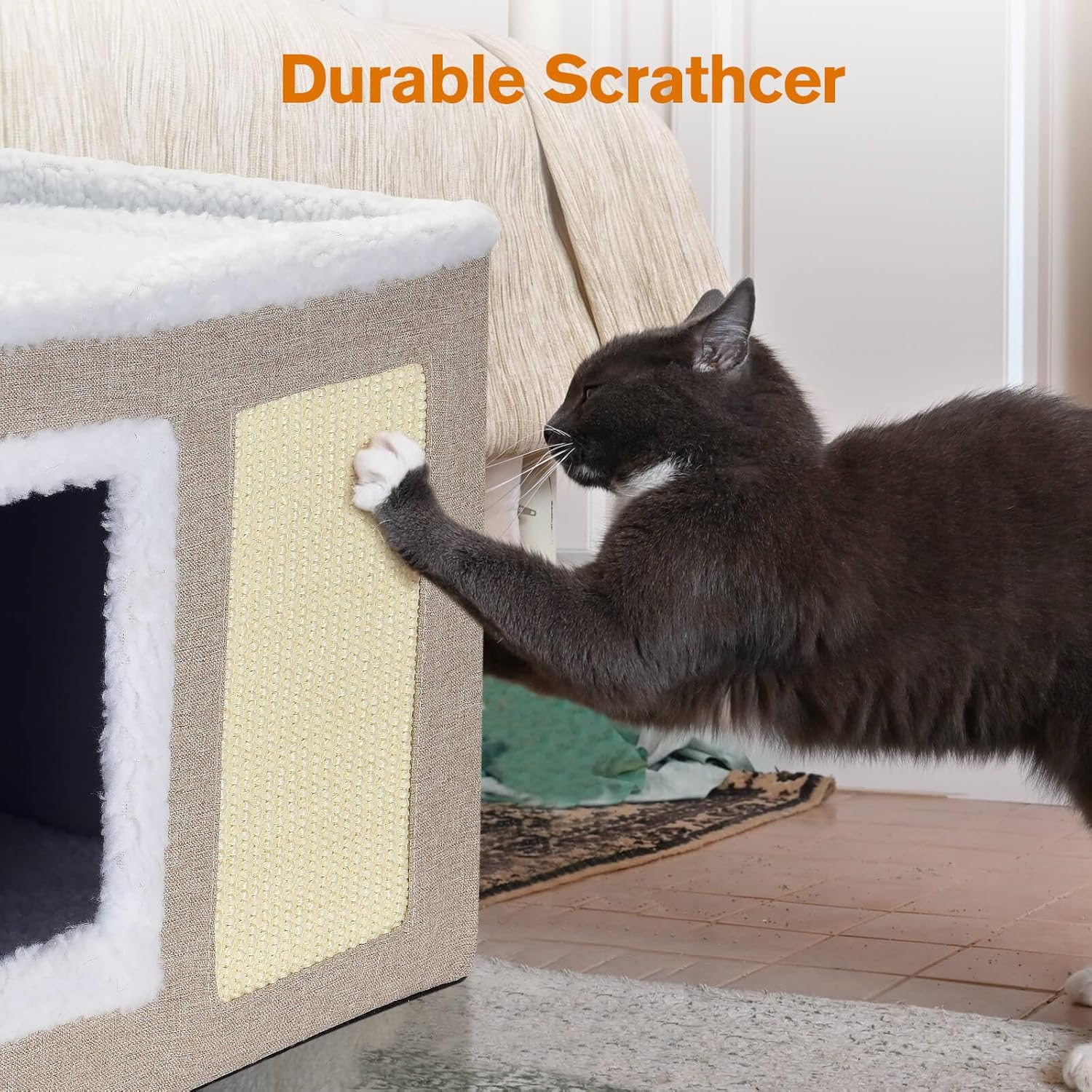 petizer Cat Bed for Indoor Cats, Large Covered Cat House with Scratch Pad, Foldable Cat Cave Bed & Hideaway Cube with Reversible Cushions, Cute Cat Condo for Multi Small Pet Kitten (Khaki)