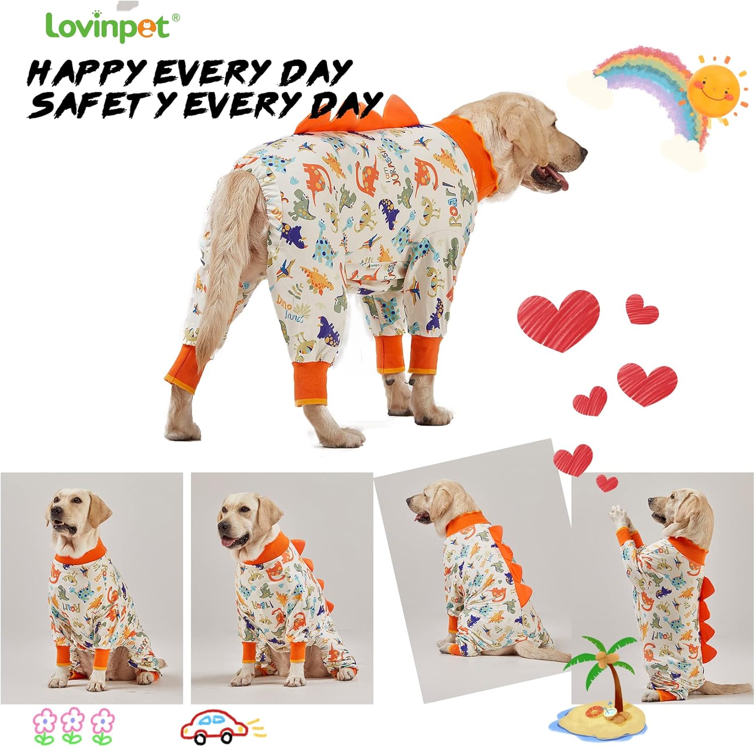 LovinPet Dog Pjs Large Breed, Anti Licking, Recovery Wear, Lightweight Jurassic Knit, UV for Medium Dogs/Medium