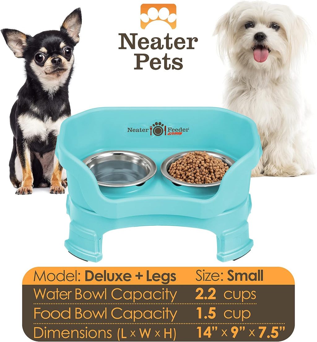 Neater Feeder Deluxe Mess Proof Dog Bowls Elevated for Small Breeds – Made in USA – No Spill Raised Dog Food Bowl Stand w/Leg Extensions – Stainless Steel Dog Food and Water Bowl Set – Teal
