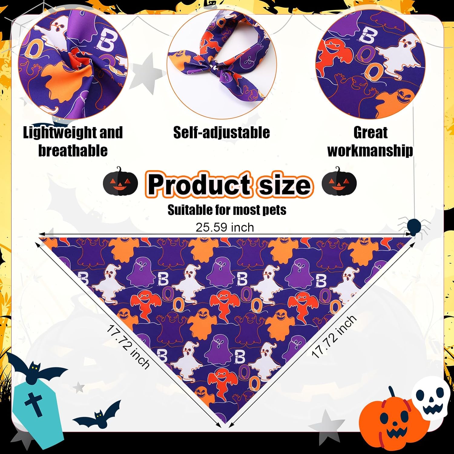 Reginary 72 Packs Halloween Dog Bandanas Bulk Pumpkin Ghost Pet Bandanas Triangle Scarf Bibs Adjustable Dogs Bandana for Halloween Thanksgiving