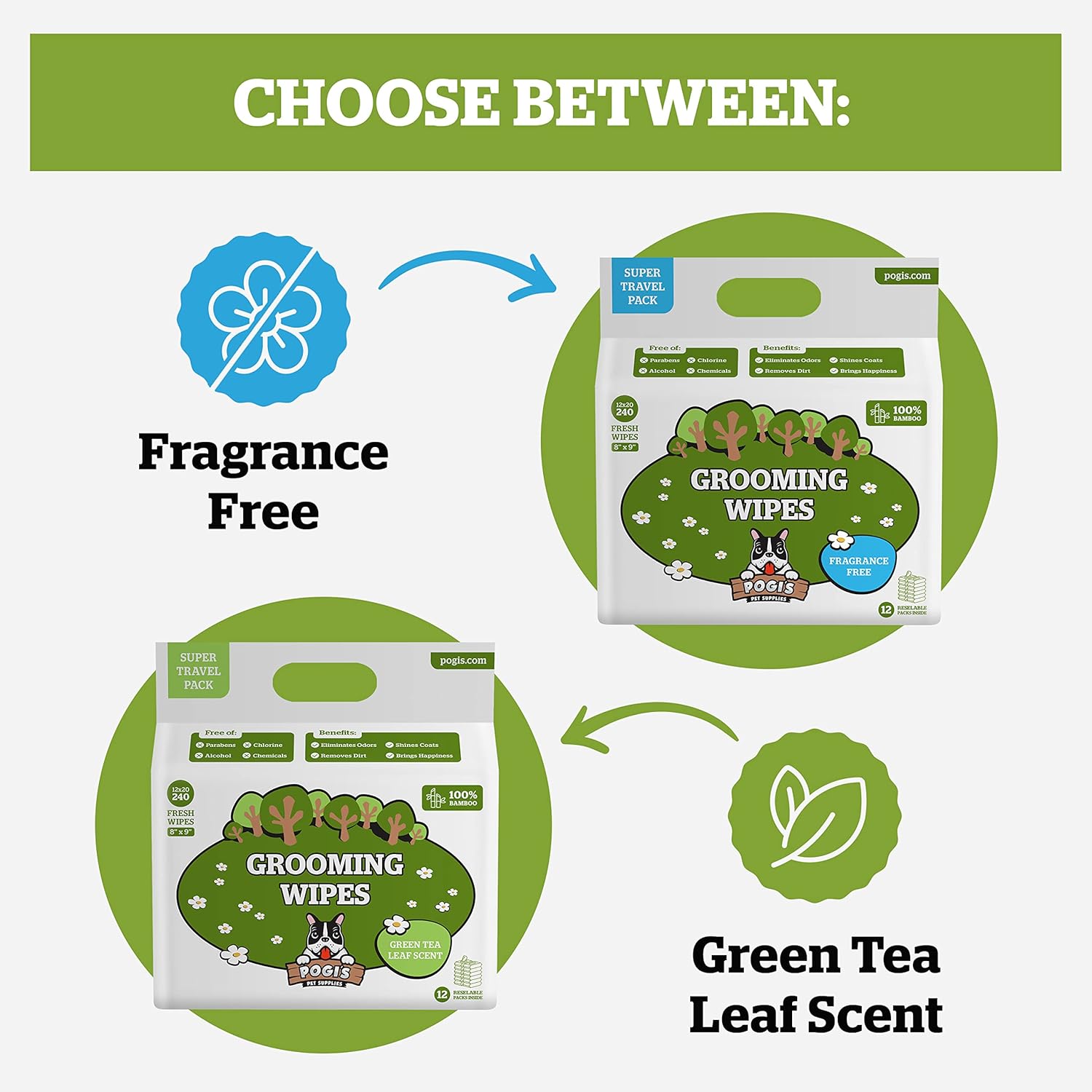 Pogi’s Dog Wipes Travel Packs – Hypoallergenic Pet Wipes for Paws, Body & Butt – Cleaning & Hydrating, Green Tea Scent, 240-Count