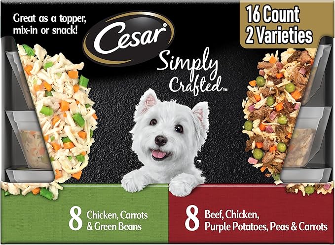 Cesar Simply Crafted Wet Dog Food Toppers for Dry Food, Chicken, Carrots & Green Beans and Beef, Chicken, Purple Potatoes, Peas & Carrots Meal Topper, 1.3 oz. Tub, 16 Count