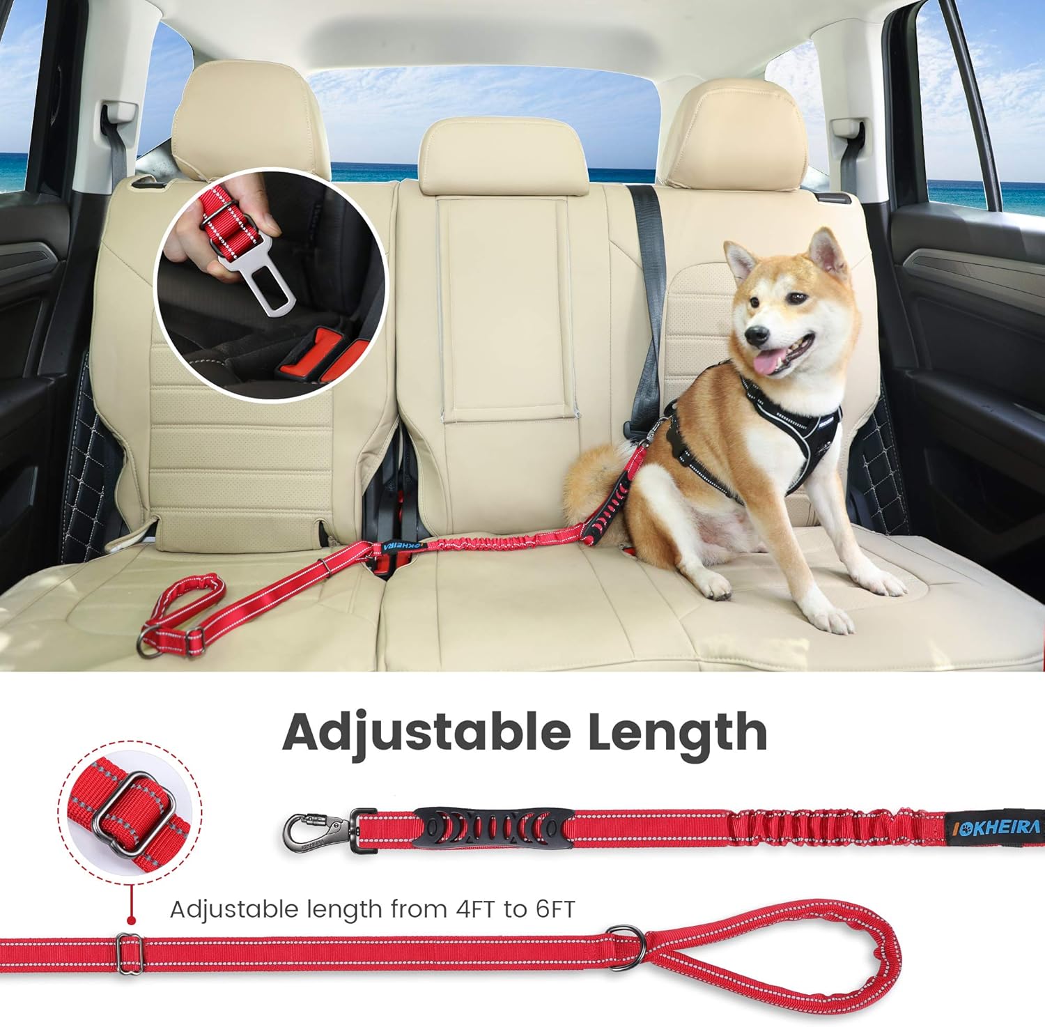 IOKHEIRA 6Ft /4Ft Dog Leash Rope for Large Dogs, Heavy Duty with Comfortable Padded Handle and Highly Reflective Threads,4-in-1 Multifunctional Dog Leashes with Car Seat Belt for Training
