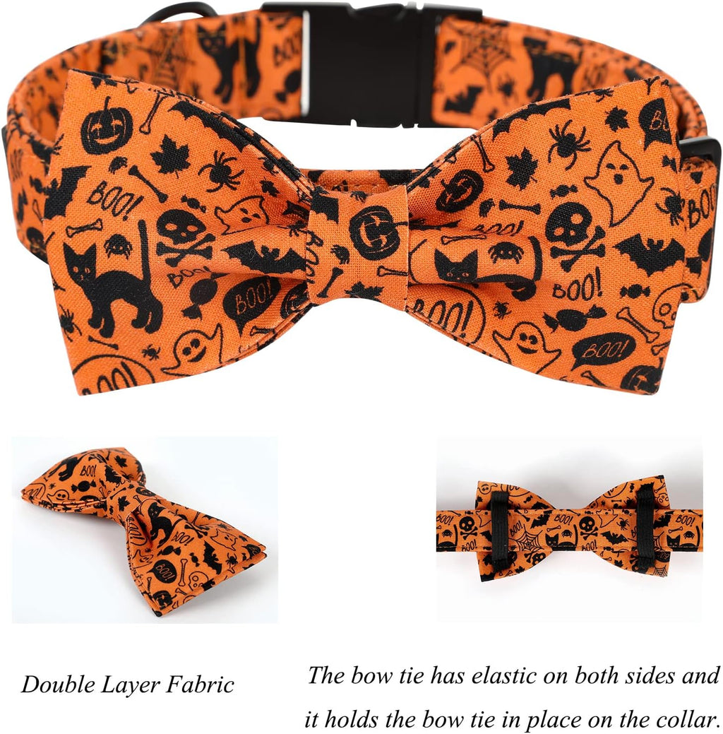 Lionet Paws Halloween Dog Collar with Bowtie - Cute Cotton Adjustable Fall Bowtie Dog Collar with Metal Buckle for Small Medium Large Dog Girl Boy Gift, S, Neck 10-16in