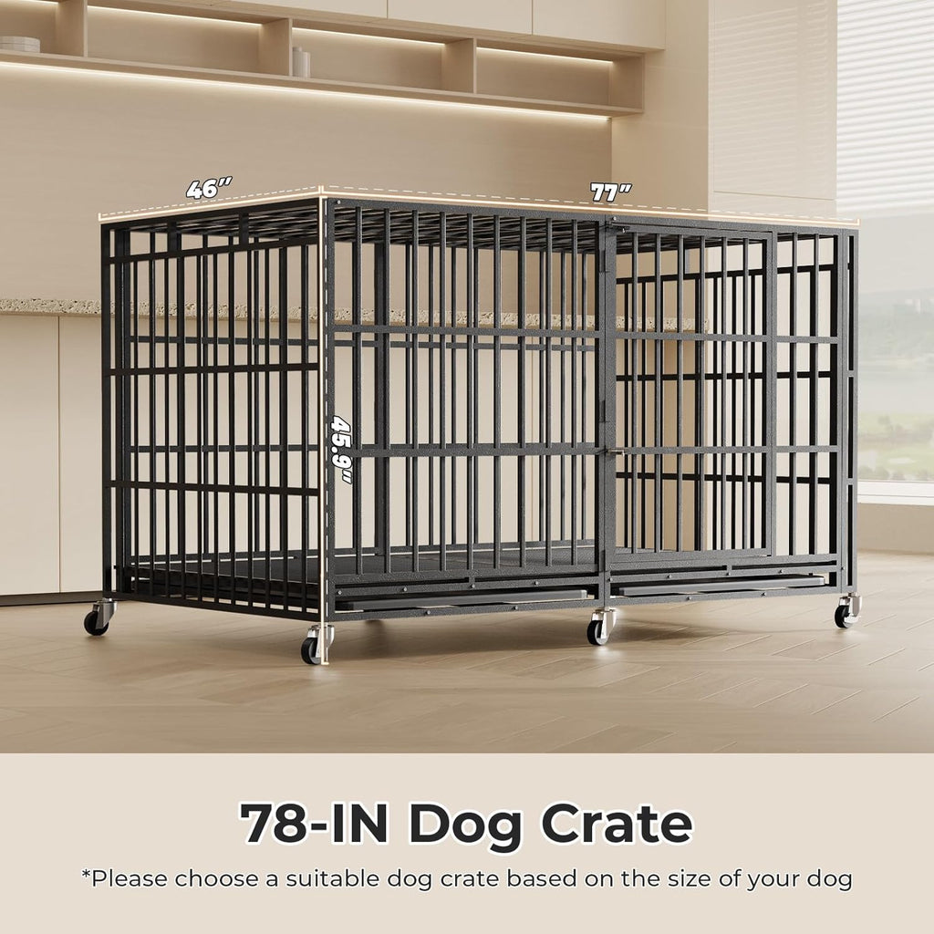 78 Inch Heavy Duty Indestructible Dog Crate Steel Escape Proof, Indoor Double Door High Anxiety Cage, Kennel with Wheels,Removable Tray,Extra Large Dogs XL XXL XXXL