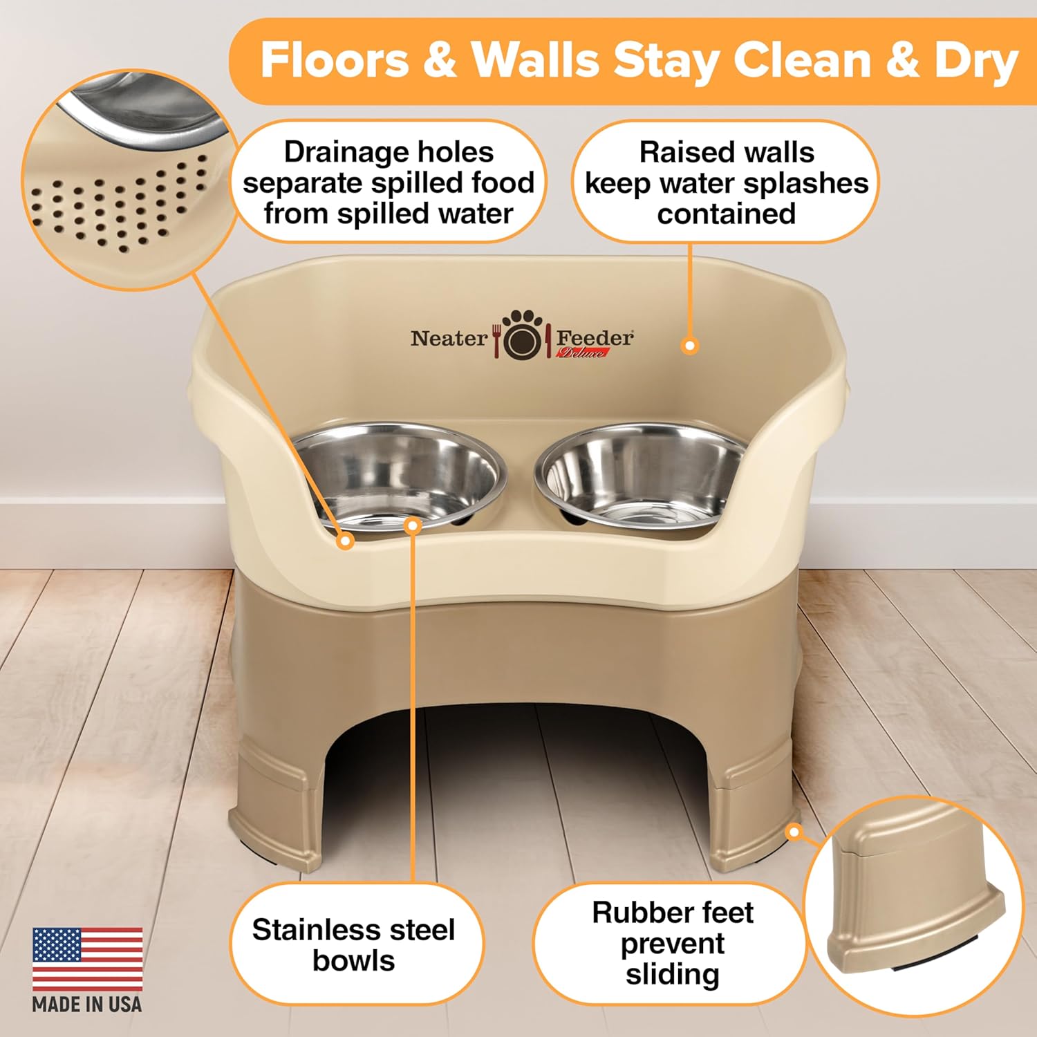 Neater Feeder Deluxe Mess Proof Dog Bowls Elevated for Large Dogs – Made in USA – No Spill Raised Dog Food Bowl Stand w/Leg Extensions – Stainless Steel Dog Food and Water Bowl Set – Cappuccino