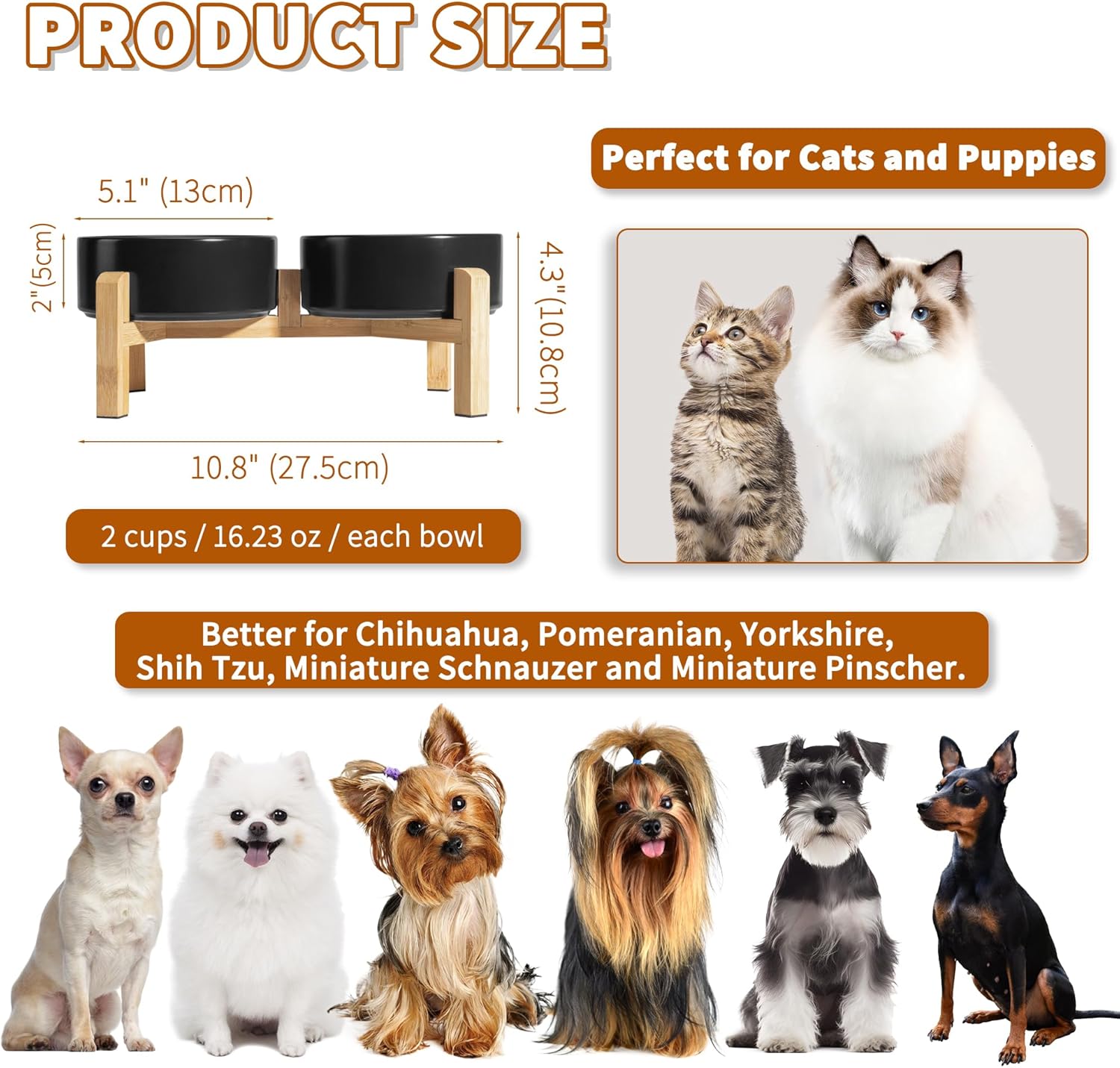 Elevated Ceramic Dog Bowl Set - Raised Feeding Bowls with Non-Slip Bamboo Stand - Small Pet Dishes for Food and Water - Ideal for Cats and Puppies - 16.23 OZ - 2 Cups - 480 ML