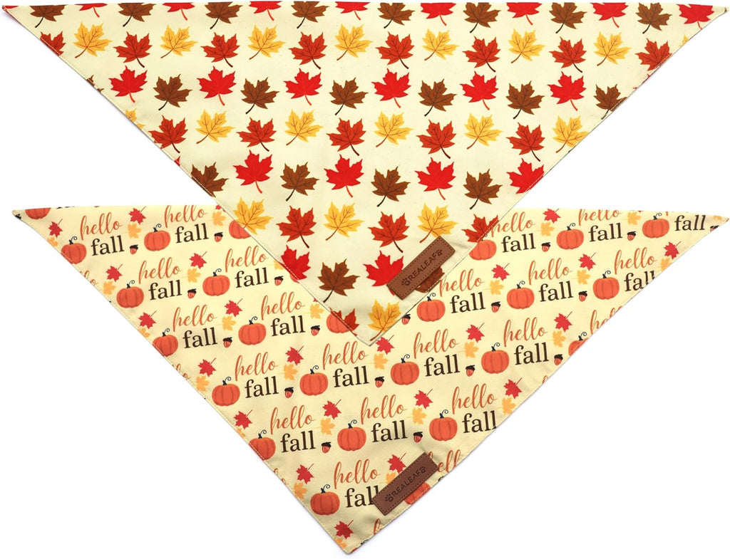 Realeaf Fall Dog Bandanas 2 Pack, Orange Pumpkin and Leaf Print Pet Scarf for Boy and Girl, Premium Durable Fabric, Holiday Bandana for Small and Medium Dogs (Small)