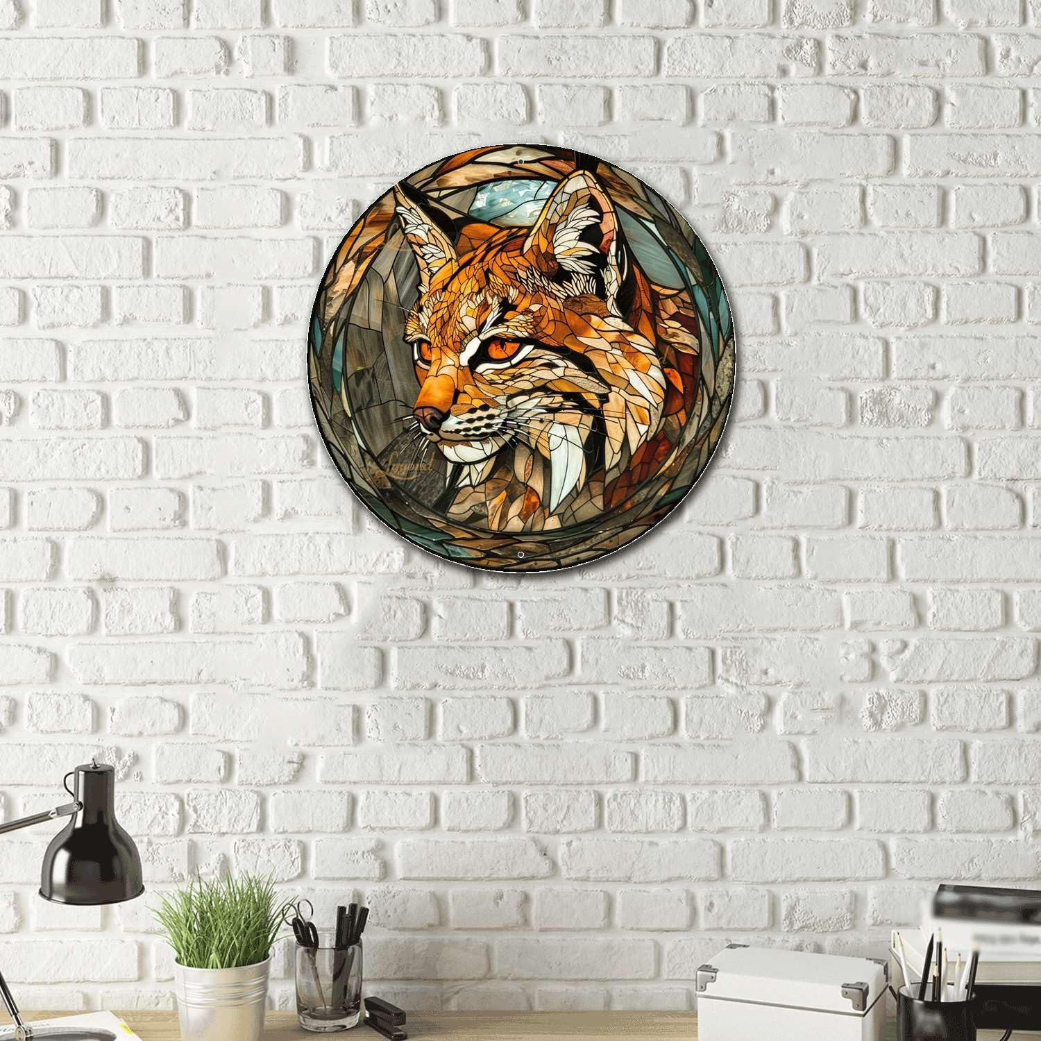 Lygond Metal Sign Tin Sign Circular Stained Glass Bobcat Funny Gardening Gift for Pet 12×12 Inches