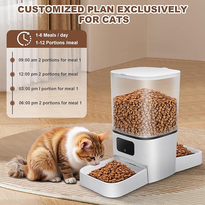 Gugxiom 6L Automatic Cat Feeder for 2 Cats, Cat Food Dispenser, Large Capacity Double Bowls Detachable, Smart APP Control Pet Food Dispenser