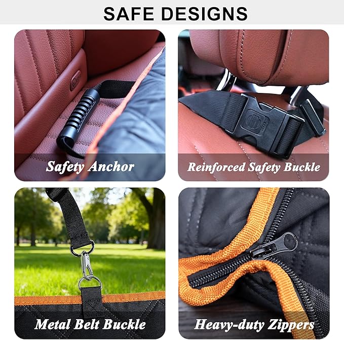 Hard Bottom Back Seat Extender for Dogs, Waterproof Dog Car Seat Cover, 420lb Support, 600D Heavy Duty Car Seat Protector Dog Hammock for Sedan, SUV, Small Truck(Black & Orange)