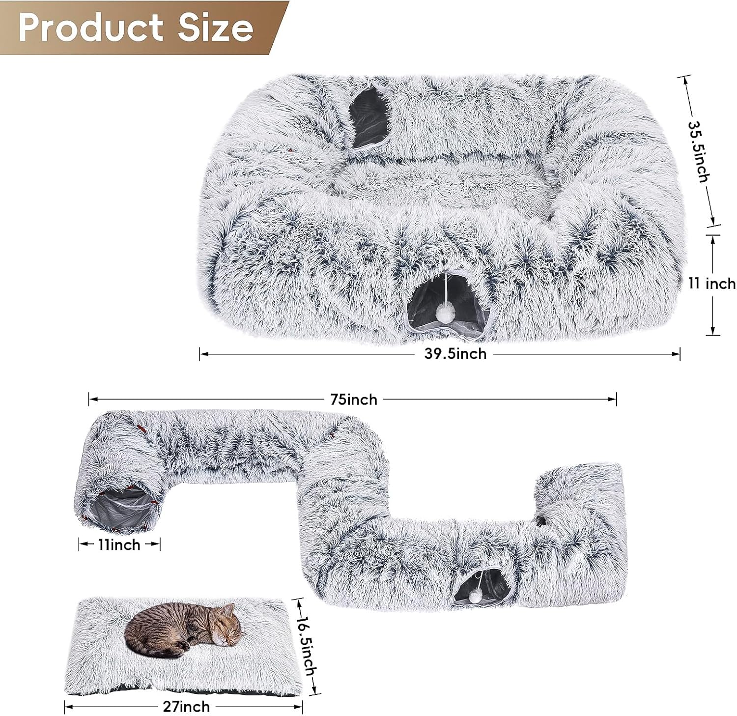 Extra Large Cat Tunnel Bed, 4 Ways Tunnels for Indoor Cats, Multi-cat Family Peekaboo Cave & Cat Bed, Plush Cat Donut with Washable Middle Mat, Exit Balls, Pet Play Toy for Kitten Puppy Rabbit
