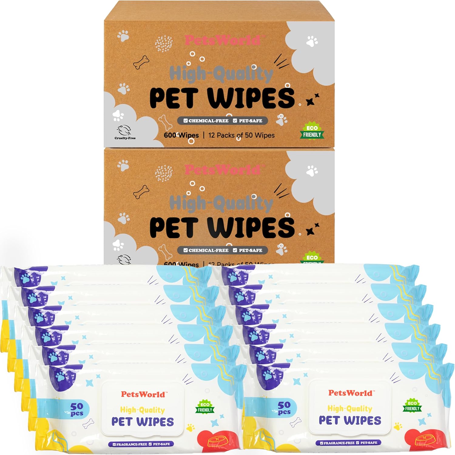 PETSWORLD Pet Wipes for Dogs & Cats, Unscented, Hypoallergenic, Chemical-Free, Biodegradable (98%), Thick & Durable, Textured Grooming Wipes (Unscented, 1200 Count)