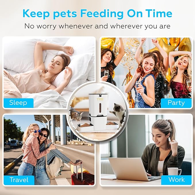 TYM Dual Automatic Cat Feeder 2 Cats, 7L Timed Cat Food Dispenser for Multiple Pets, Double Auto Dog Feeder with Slow Feed, WiFi Programmable Feeders Smart App Control, Steel Double Bowls Easy Clean