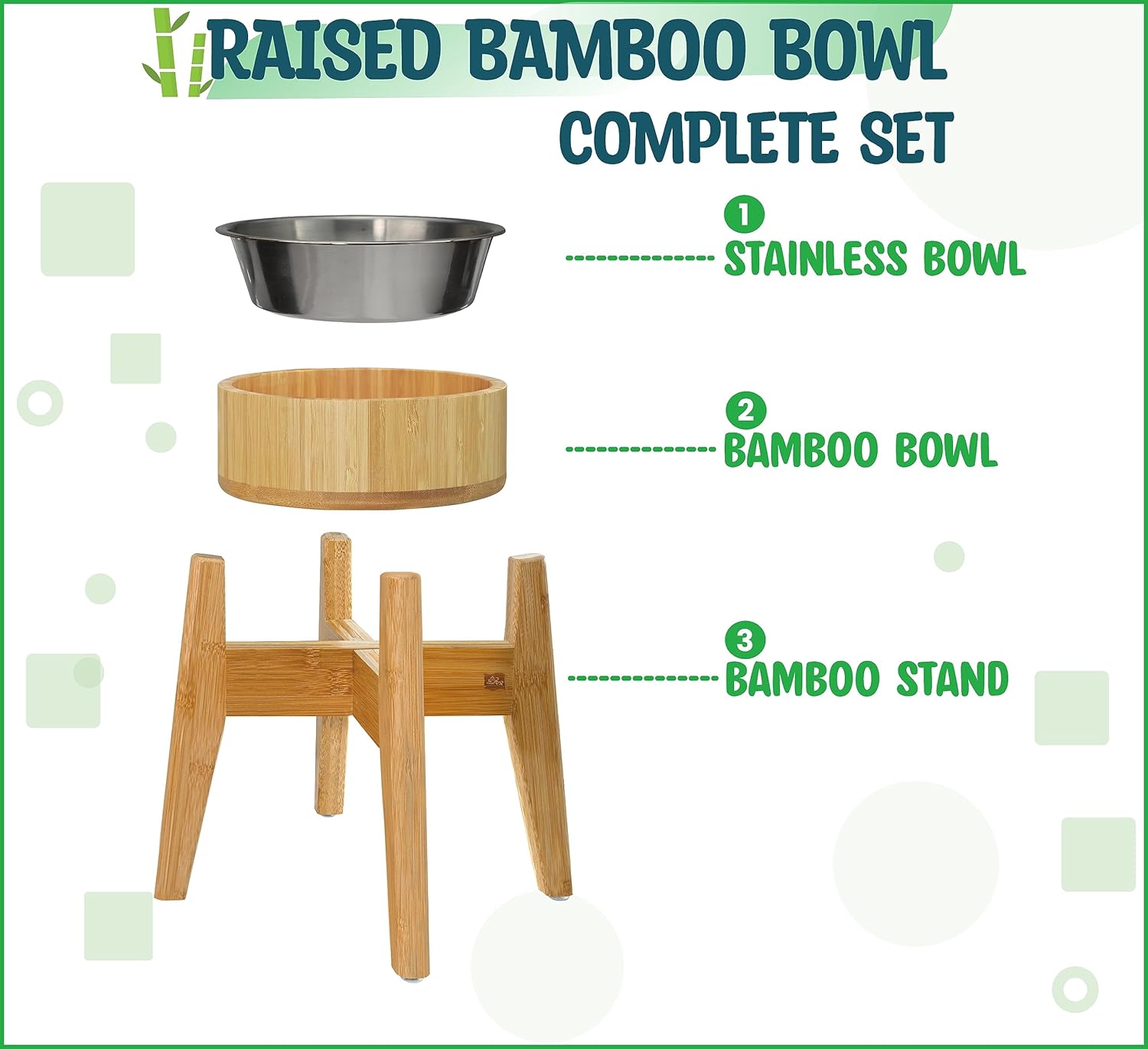 Elevated Dog Bowls for Large Breed - (15-Inch Tall, 74-oz Cap), Deter Ants and Bugs - Raised Single Feeder, Suitable for Dry and Wet Pet Foods - Bamboo with Stainless Steel Dish