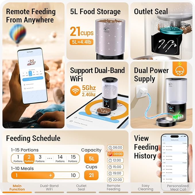 Automatic Cat Feeder with 5G WiFi : 5L Automatic Dog Feeder with Sealed Outlet, Timed Auto Cat Food Dispenser with APP Control for Pets, Detachable for Easy Clean - 21 Cup