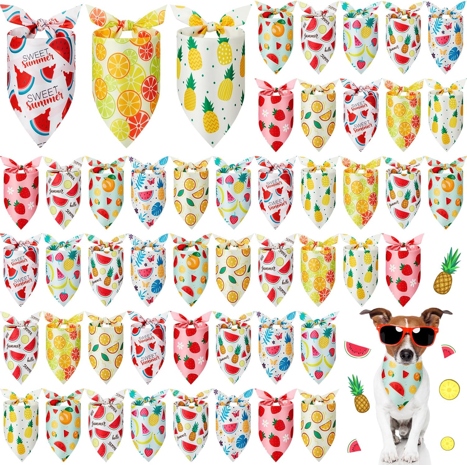 Weewooday 50 Pcs Fruit Dog Bandanas Bulk for Dogs Soft Bibs Adjustable Triangle pet Bandana for Small Medium Large Costume(Fruits Pattern, 31.5 x 21.7 x21.7 Inch)