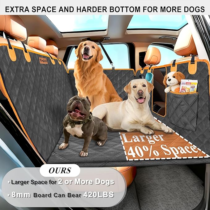 Hard Bottom Back Seat Extender for Dogs, Waterproof Dog Car Seat Cover, 420lb Support, 600D Heavy Duty Car Seat Protector Dog Hammock for Sedan, SUV, Small Truck(Black & Orange)