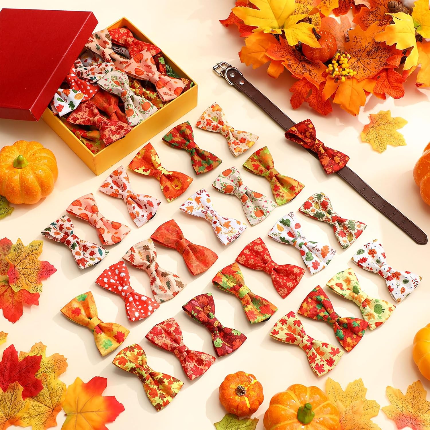 Hillban 50 Pcs Fall Thanksgiving Dog Collar Bow Ties Maple Leaves Dogs Collar Accessories Bow Ties Attachment with Elastic Bands Detachable Charms for Pet Costume Photo Props Accessories Pet Shops