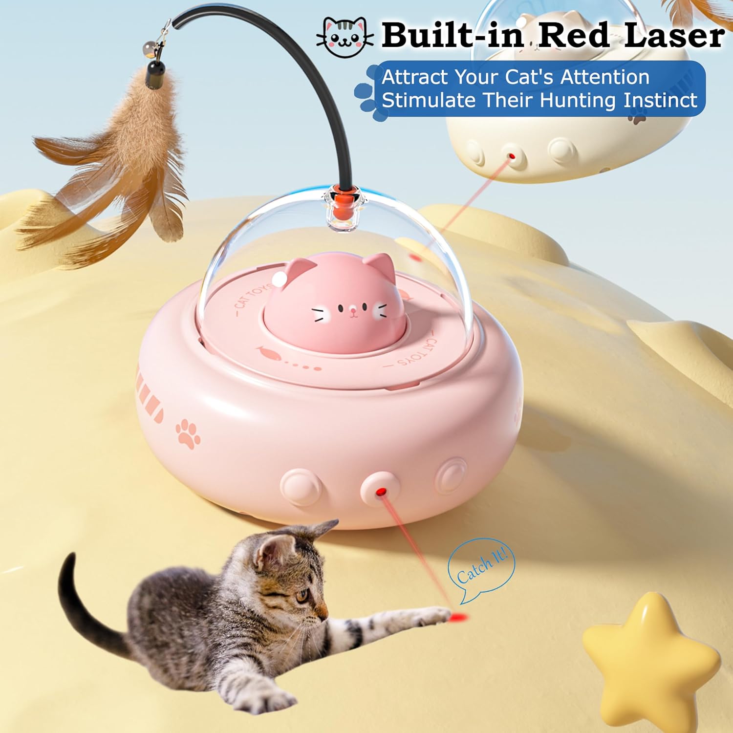 hooroor 2-in-1 UFO Laser Cat Toy – Automatic Motion with Feather, Rechargeable Smart Sensor Interactive Toy for Indoor Cats & Dogs, Fun Exercise & Play, Perfect Pet Gift
