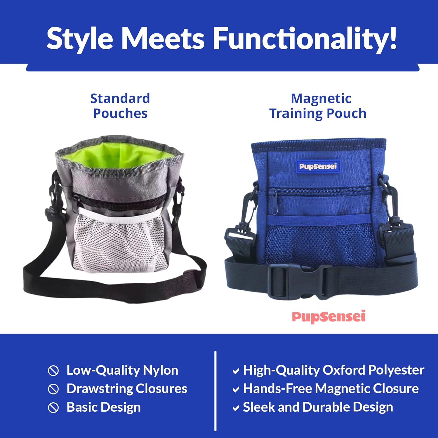 Dog Treat Pouch, Durable Oxford Polyester, No-Spill Magnetic Closure, Treat Pouches for Pet Training with Metal Clip, Waist Belt, Adjustable Strap, Poop Bag Dispenser (Navy Blue)