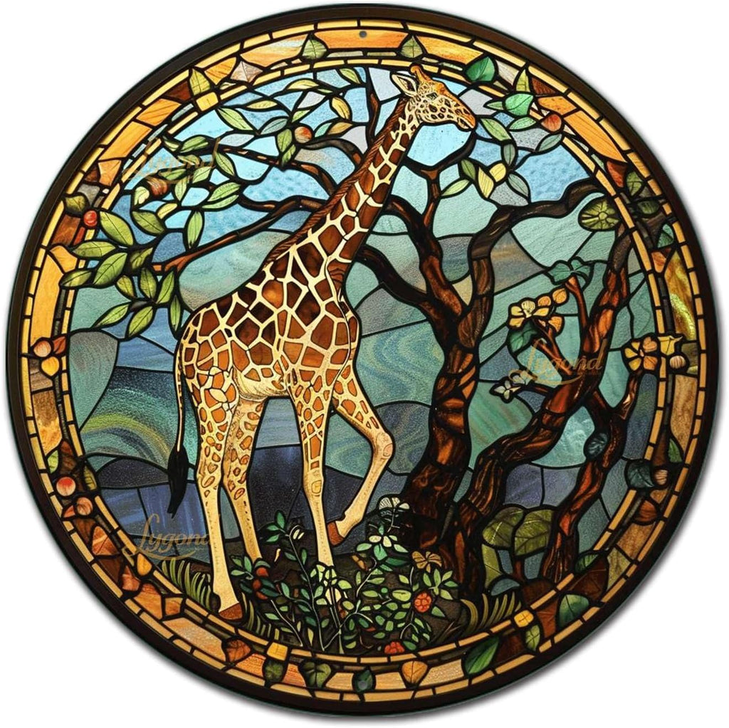 Lygond Metal Sign Tin Sign Circular Stained Glass Giraffe Bathroom Signs for Home for Garage 8×8 Inches