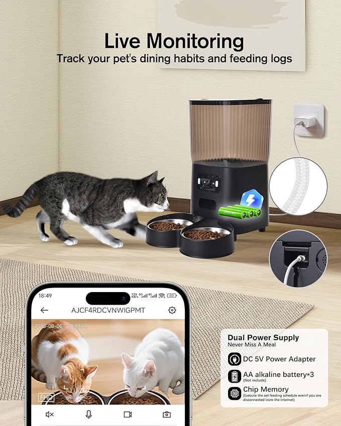 Automatic Cat Feeder, Camera Auto 2 Cats Dispenser 5L Microchip WiFi 2.4G&5G Timed Dual Pet Smart APP Dry Food Self Feeding Container Station (Black)