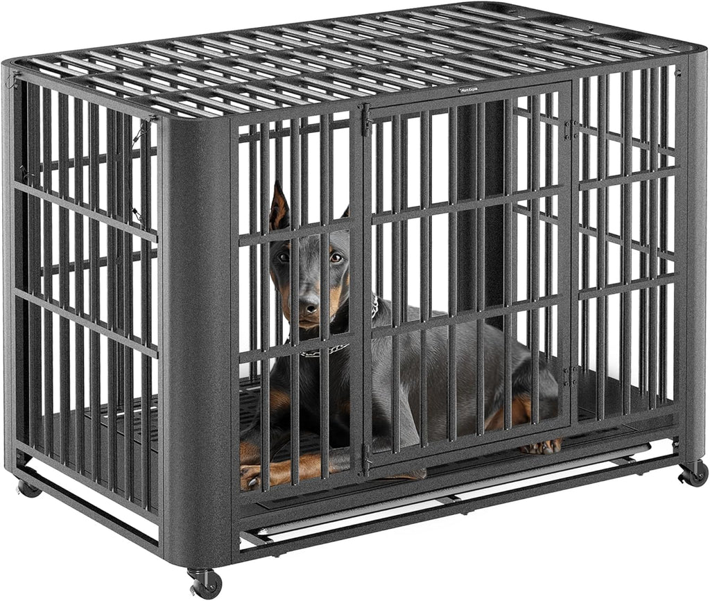 48 Inch Indestructible Heavy DutyDog Crate for Large Dogs with Removable Tray,High Anxiety Double Door,Arc Corner Design for Safe Use