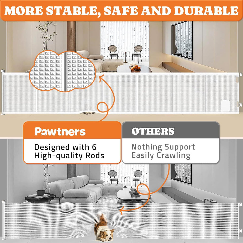 Pawtners Retractable Baby Gates Extra Wide, 41" Tall Extends up to 120" Wide, Dog Gate Indoor with Cat Door for Stairs, Pet Gate with Support Rods for Doorways Hallways Indoor & Outdoor-White