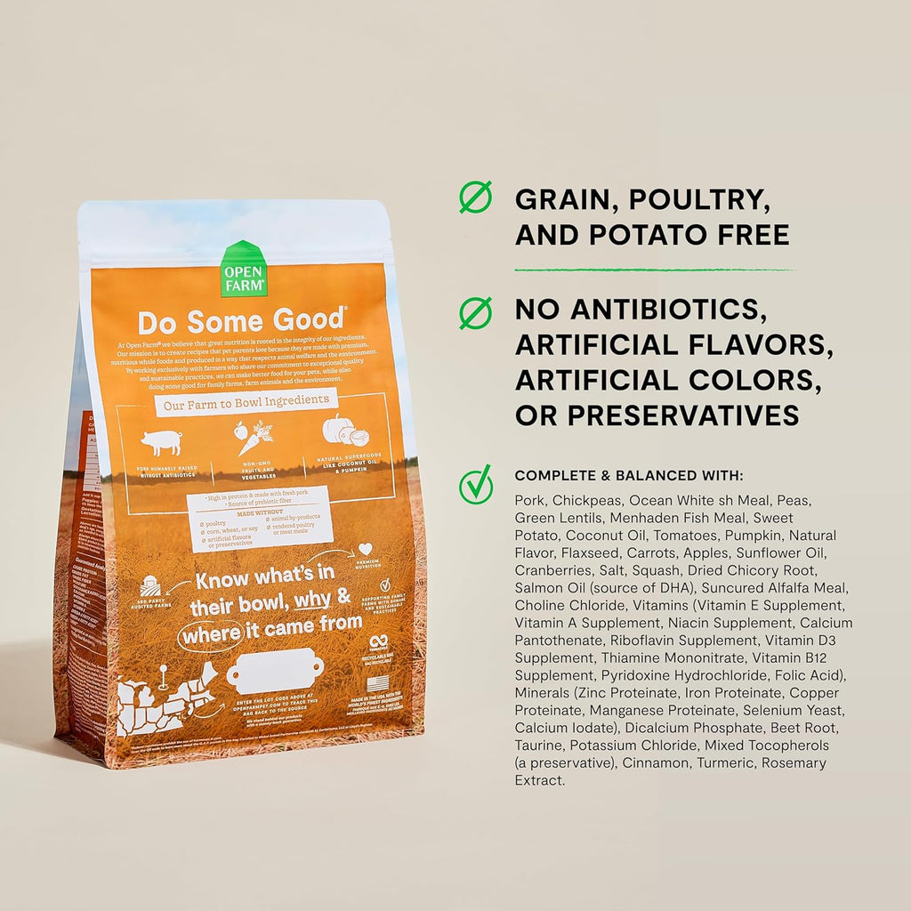 Open Farm, Grain-Free Dry Dog Food, Complete & Balanced Kibble, Sustainably & Ethically Sourced Ingredients, Non-GMO Veggies & Superfoods to Support Overall Health, Pork Recipe, 4lb Bag