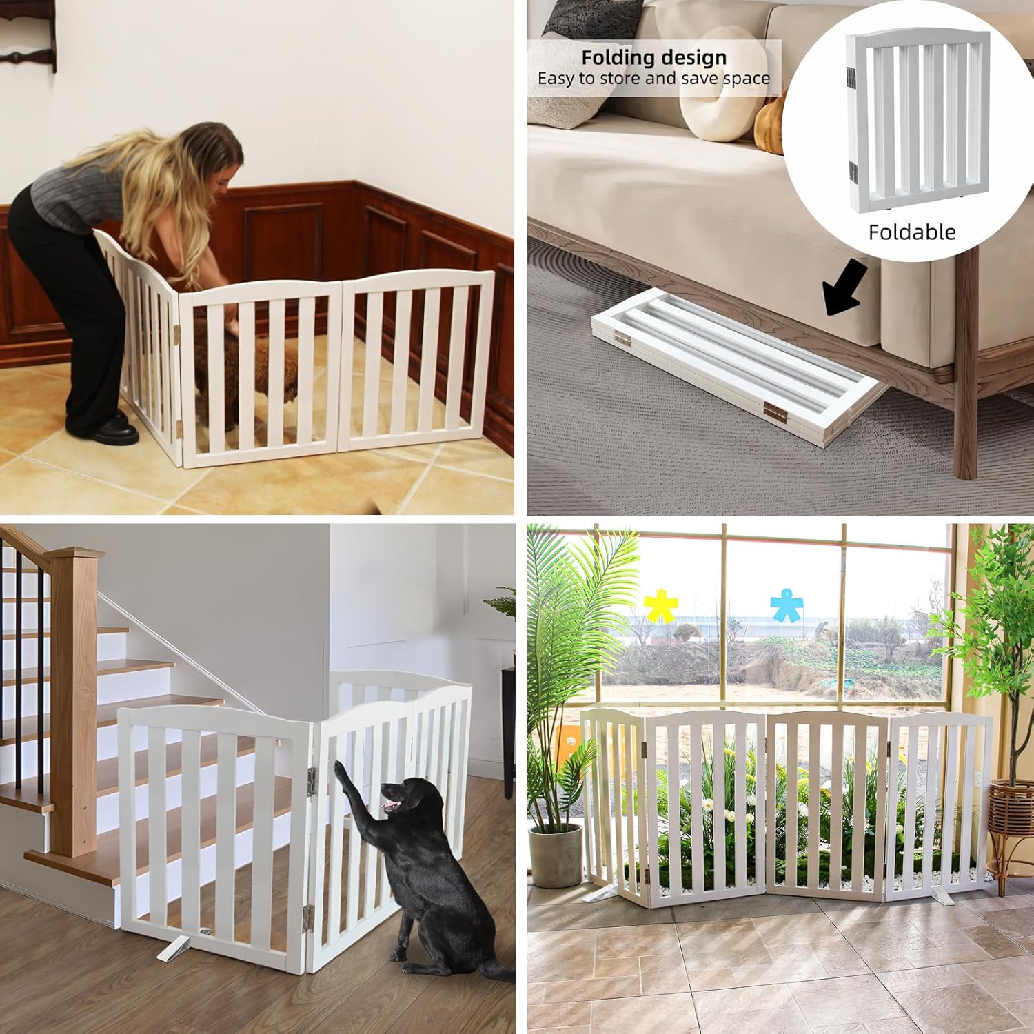 ZJSF Foldable Freestanding Indoor Dog Gate for House Wood White Long Pet Gates Dog Fence for Stairs Puppy Gates for Hallways,Pet Fence, Puppy Gate,Support Feet Included 24 "Height-2 Panels