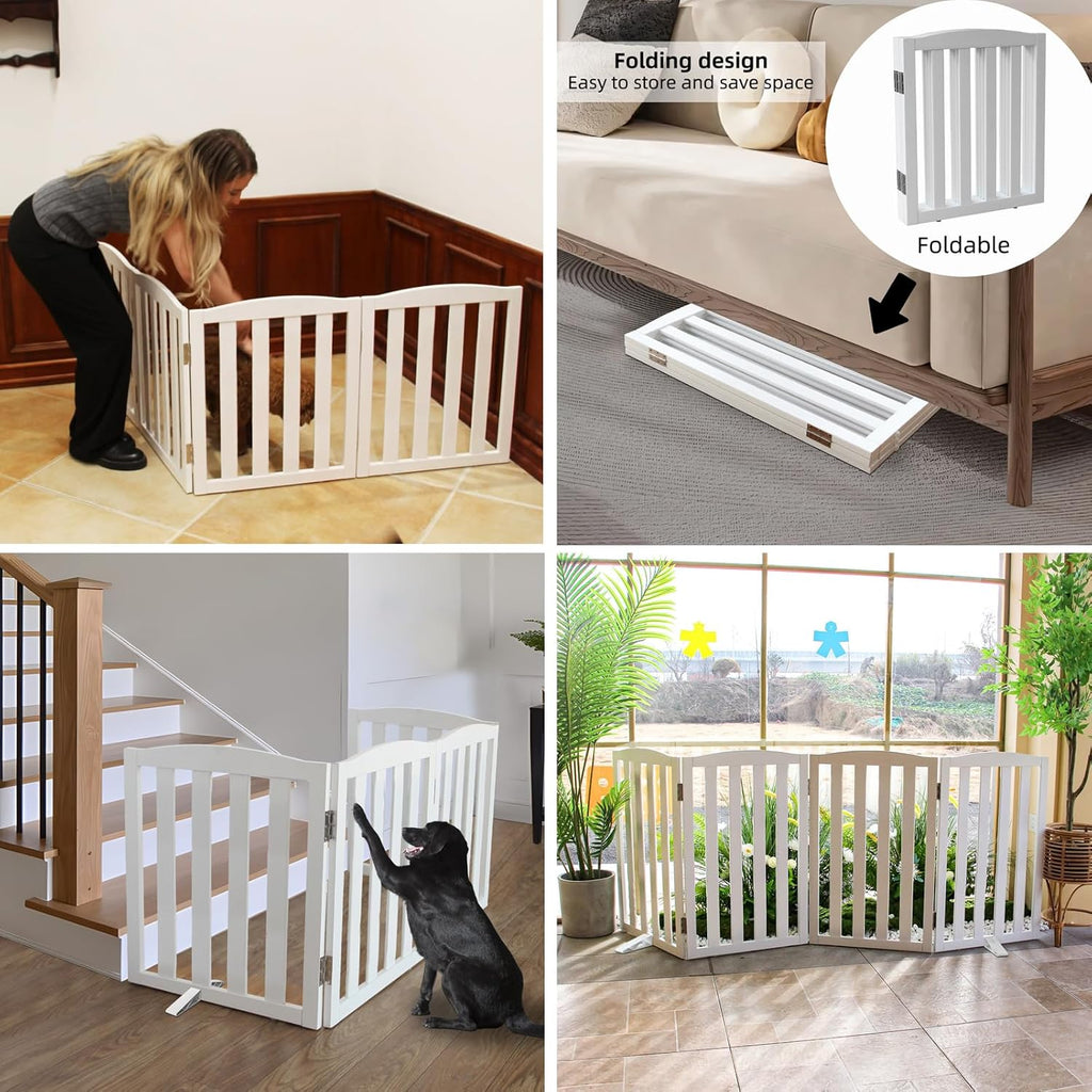 ZJSF Foldable Freestanding Indoor Dog Gate for House Wood White Long Pet Gates Dog Fence for Stairs Puppy Gates for Hallways,Pet Fence, Puppy Gate,Support Feet Included 24 "Height-4 Panels