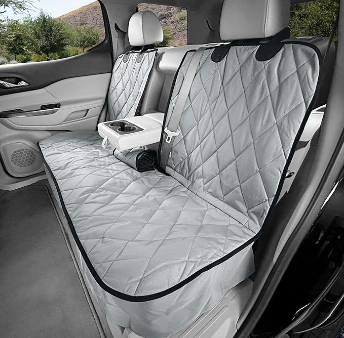 4Knines Dog Seat Cover for Back Seat, Heavy Duty Waterproof Rear Seat Protector for Small Trucks, SUVs, Cars - Fits 60/40 Split Bench with Middle Seat Belt, Non-Slip Dog Backseat Cover (Regular, Grey)
