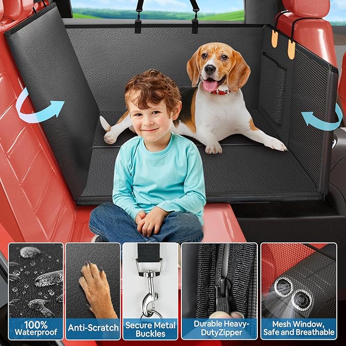 2025 Upgraded Dog Car Seat Cover for Back Seat with Hard Bottom Car Seat Cover for Dogs, Waterproof Pet Seat Protector, Non-Slip Scratch-Resistant Surface, Supports 500lbs, Easy to Clean and Install