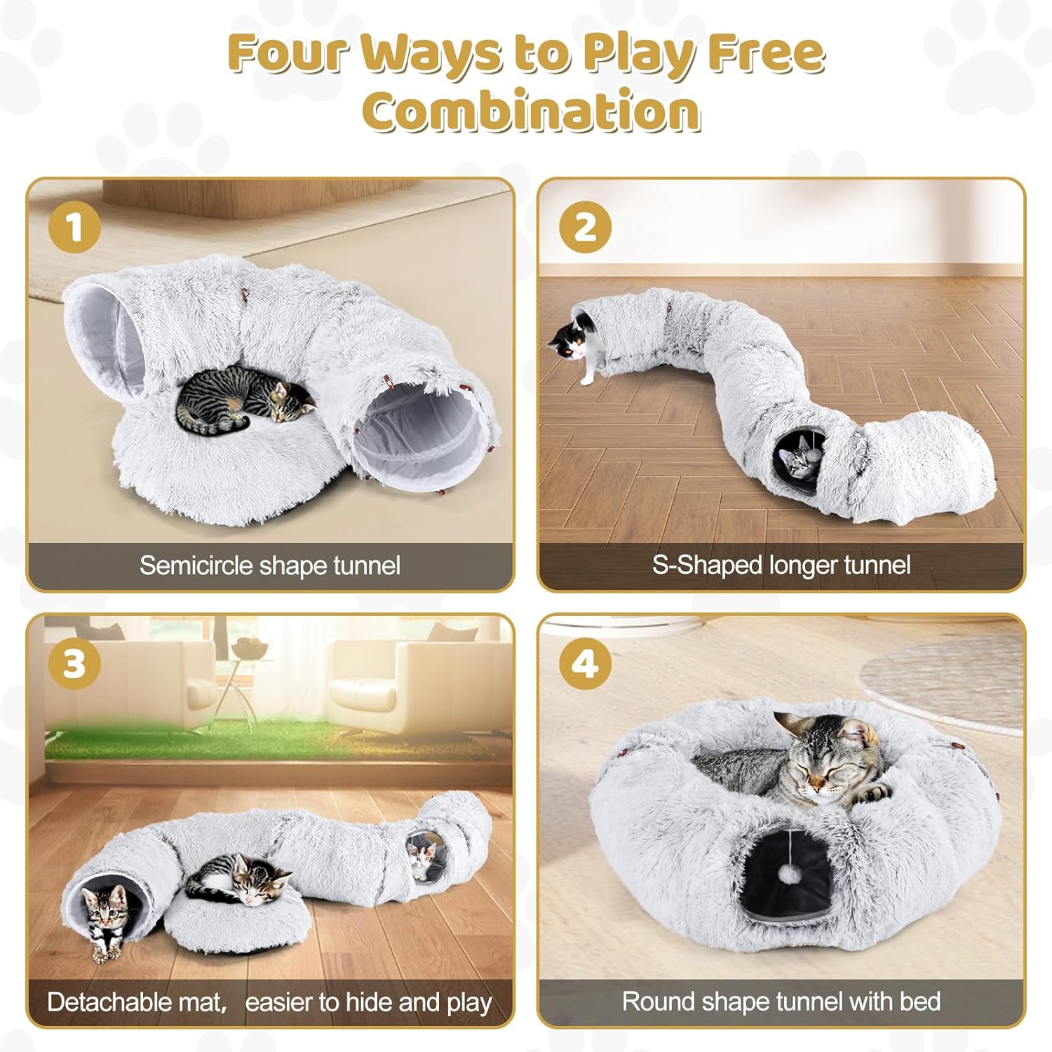 Odoland Cat Tunnel Bed with 20 Cat Toys - Indoor Plush Kitten Couch, Detachable Cats Cave Donut Tunnel & Soft Kitten Toy Set - Cozy Cat Furniture, White