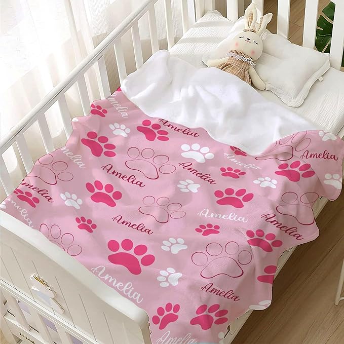 Personalized Dog Blankets Dog Paw Print Blanket Puppy Blanket - Custom Dog Blanket with Pets Name Cute Paw Print Pet Throw Puppy Fluffy Blankets 50"x40" for Kids