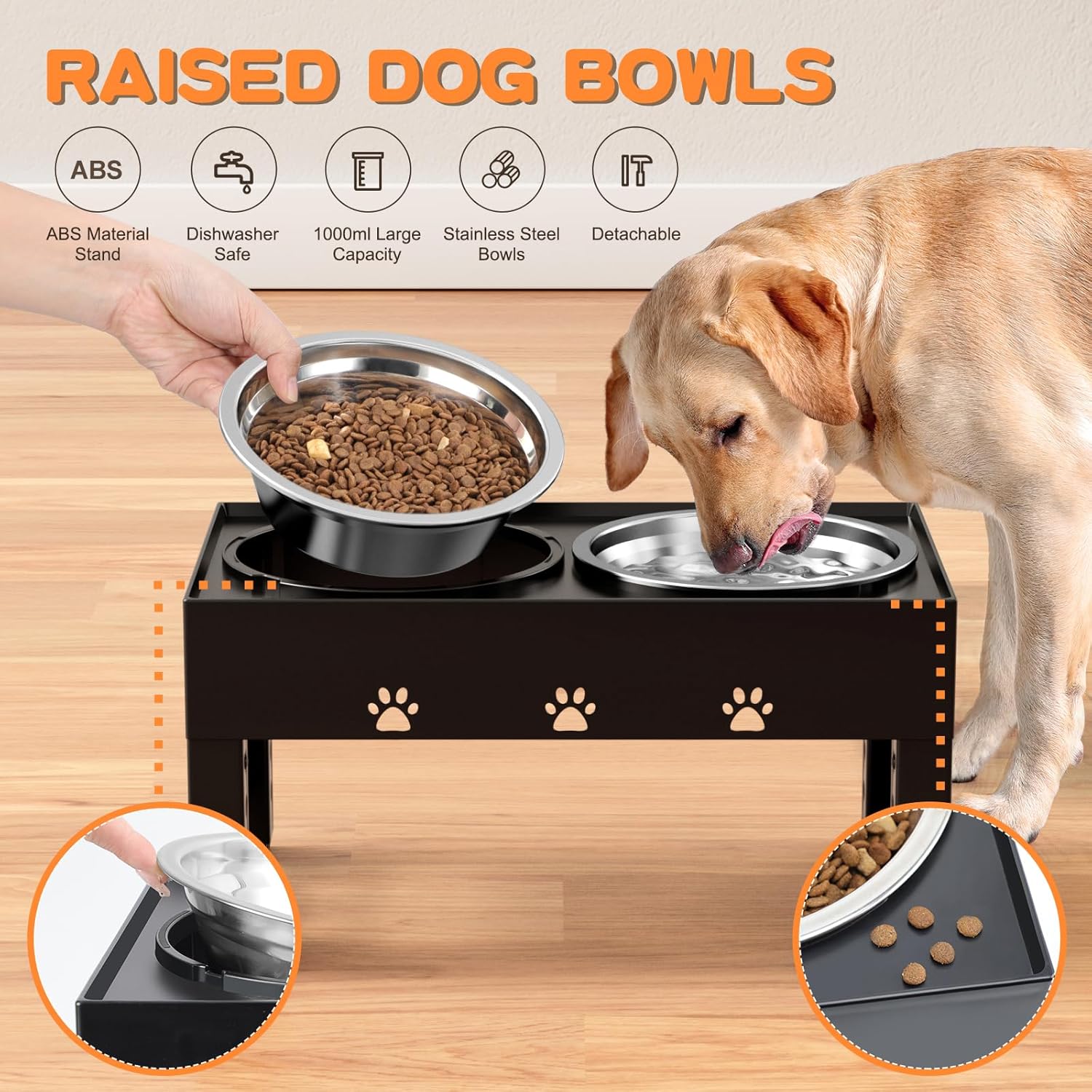 Elevated Dog Bowls with Mat, Raised Dog Food Bowl Stand with 2 Stainless Steel Bowls, 5 Height Adjustable (3.1", 9", 10", 11", 12") Non-Slip Feeder Set for Medium and Large Dogs – Black