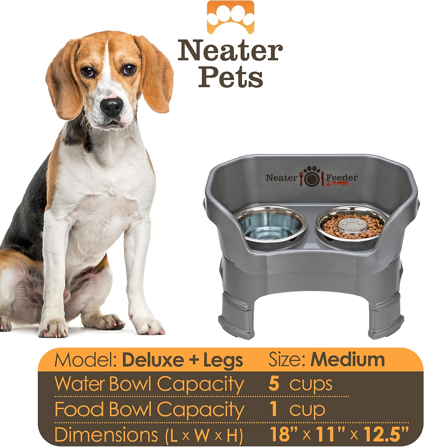 Neater Feeder Deluxe Mess Proof Dog Bowls Elevated for Medium Sized Breeds – Made in USA – No Spill Raised Slow Feeder Elevated Dog Bowl Stand w/Leg Extensions, Food and Water Bowl Set, Grey