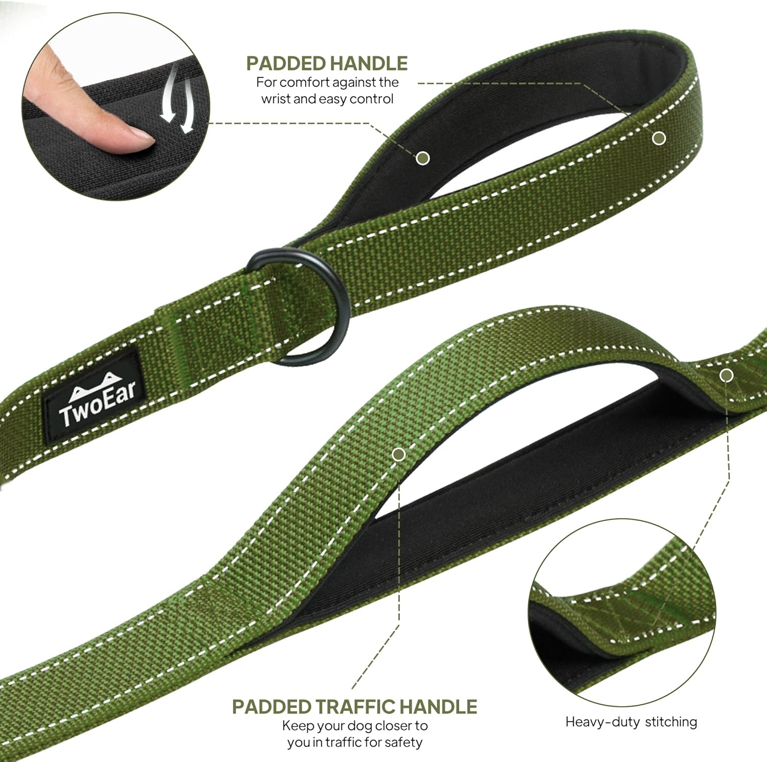 TwoEar 6FT 1IN Strong Green Dog Leash with 2 Padded Handles, Traffic Handle Extra Control, Comfortable Soft Dual Handle, Auto Lock Hook, Reflective Walking Lead for Small Medium and Large Dogs