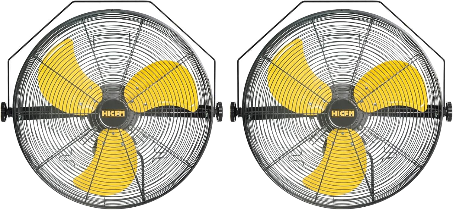 HiCFM 4600 CFM 18 inch High Velocity Wall Mounted Fan, TEAO Enclosure Motor, Safety Yellow Blade, 9 FT Cord, 180 Degree Tilting, 3 Speed Industrial Shop Fan for Patio, Garage Use - UL Listed, 2 Pack