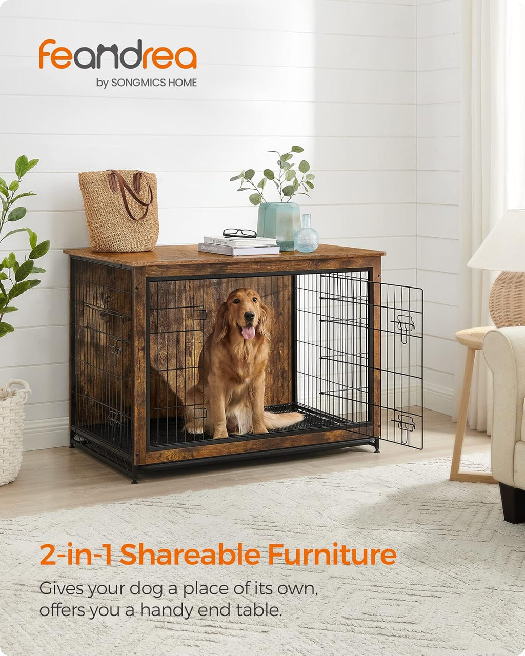 Feandrea Dog Crate Furniture, 44.1" Side End Table, Modern Kennel for Dogs Indoor up to 80 lb, Heavy-Duty Dog Cage with Multi-Purpose Removable Tray, Double-Door Dog House, Rustic Brown UPFC004X01