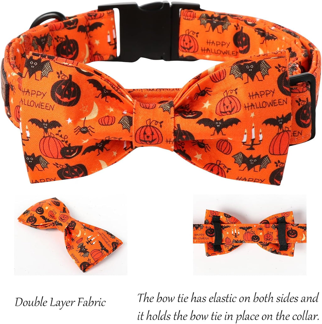 Lionet Paws Fall Halloween Dog Collar, Cute Bat Pumpkin Dog Collar for Large Dogs, Adjustable Cotton Orange Pet Collars for Large Dogs