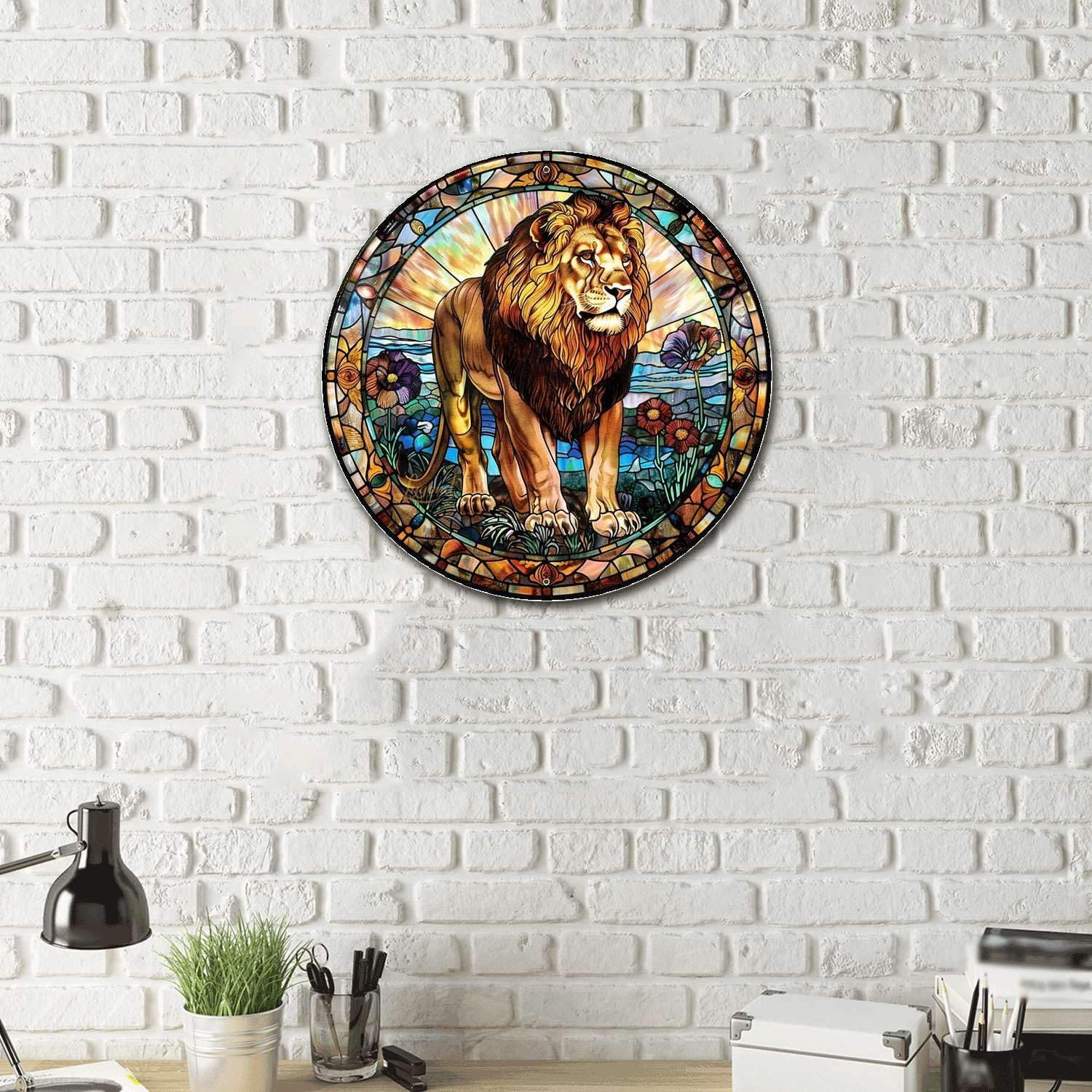 Lygond Metal Sign Tin Sign Circular Stained Glass Lion Vintage Decor for Garden 8×8 Inches