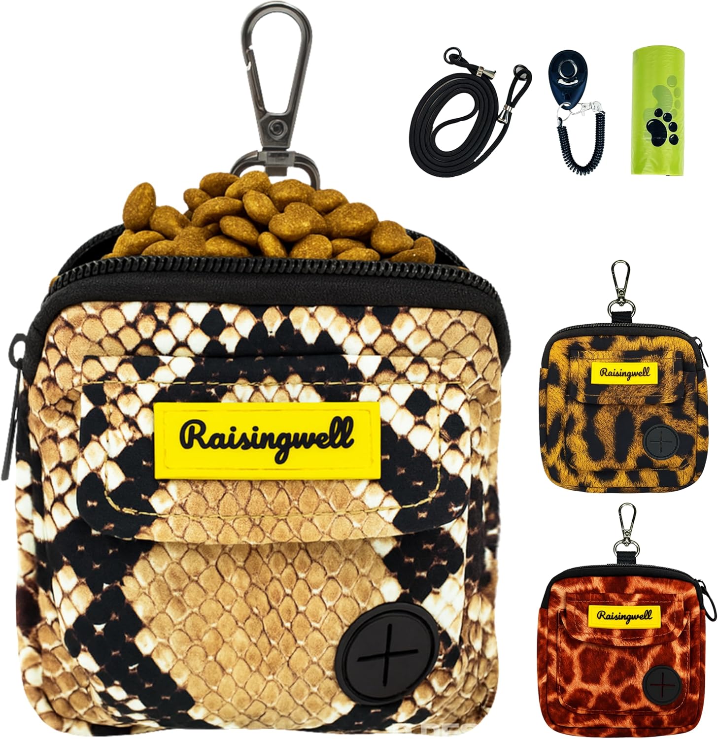 Dog Treat Pouch for Pet Walking and Training with Clicker Poop Bags and Double Bag Design Small Fanny Zipper Pack Holder for Puppy Snack Dispenser Kit for Leash and Outdoor Use Snake Skin