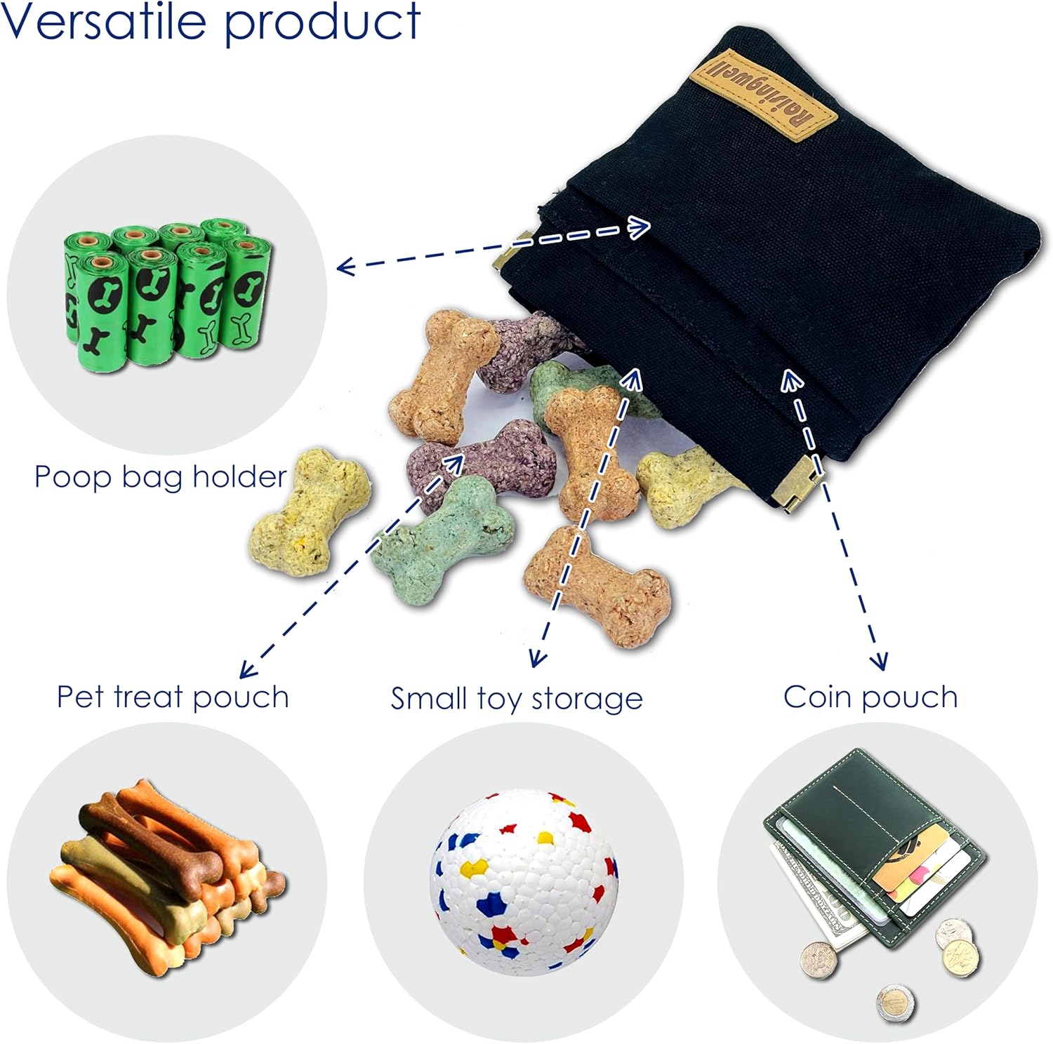 Dog Treat Pouch, Black Pocket Sized Pet Training Pouch, Cotton Fabric, Hand Free Dog Walking Bag with Carabiner, Self-Closing Pet Feed Snack Reward, for Pet Puppy Travel or Outdoor Use